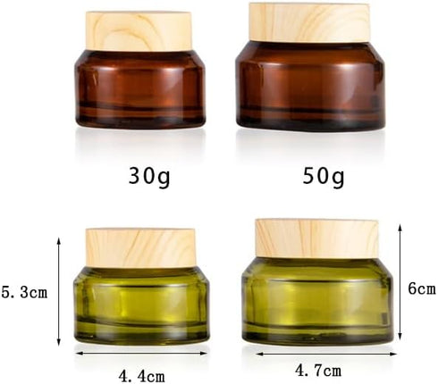 4 Pack 50g Empty Glass Cosmetic Cream Jars Cosmetic Container,Portable Refillable Travel Size Cream Jar Pot Bottle with Wood Grain Plastic Lids fo...