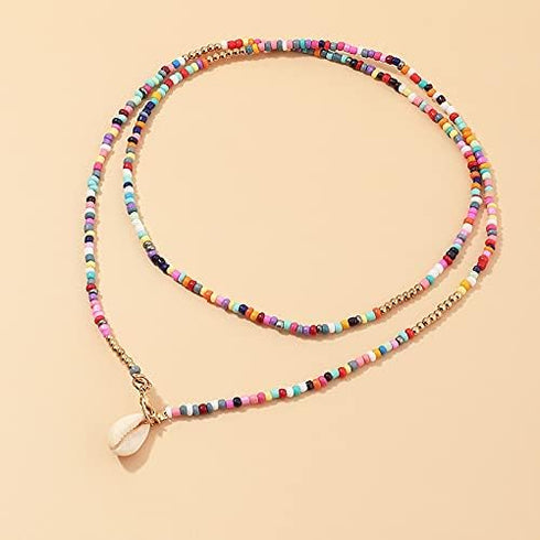 Boho Rainbow Beaded Necklace Layered Neck Chain Multi Color Bead Choker Necklaces Shell Star Butterfly Collar Jewelry Colorful Flower Chain Beach ...