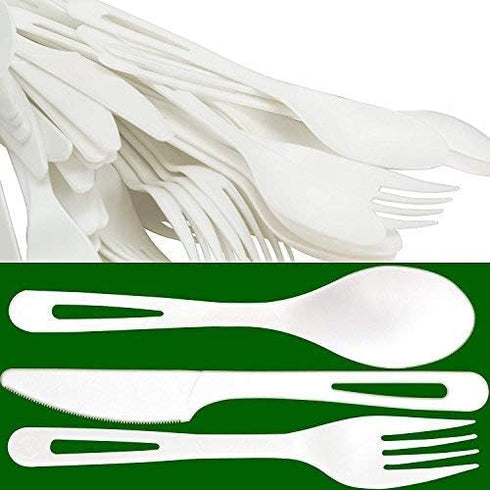 Non-GMO Plant-Based Plastic Cutlery Combo Pack. 25 Place Settings (Fork, Knife, Spoon) of Certified Compostable, Disposable, Eco-Friendly Silverwa...