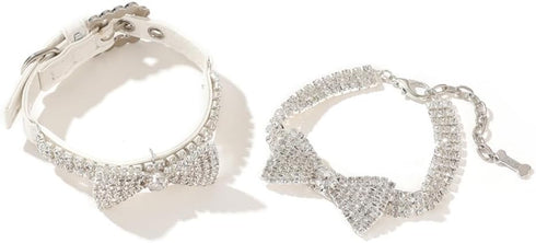 Dogs Kingdom Bowknot Shape Full Bling Rhinestones Pet Dog Cat Collars 2Pcs Crystal Diamond Necklace Set Pet Fashionable Accessories,White,S:8-10" ...