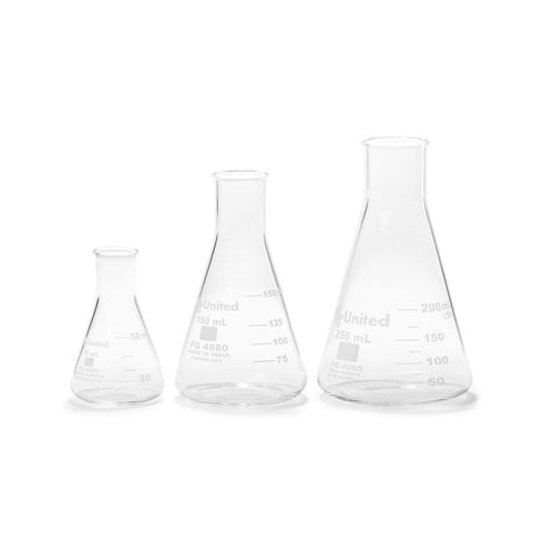 Glass Narrow Mouth Erlenmeyer Flask Set (FGSET3) - 3 Sizes - 50, 150 and 250ml, United Scientific...