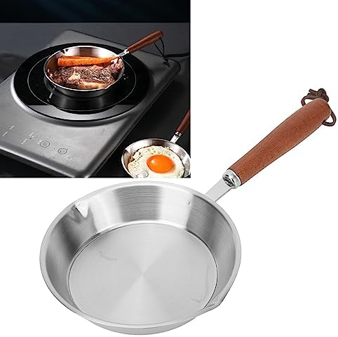 Sonew Mini Stainless Steel Frying Pan, 16CM Non Stick One Egg Frying Pan with Solid Wood Handle for Induction Cooker Portable Pan for Household Re...