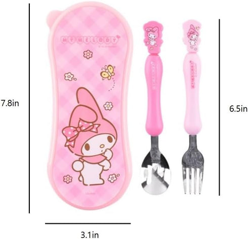Cute Pink Melody Fork and Spoon Flatware Set with Case, Tableware Set with Cute Figure, Medium...