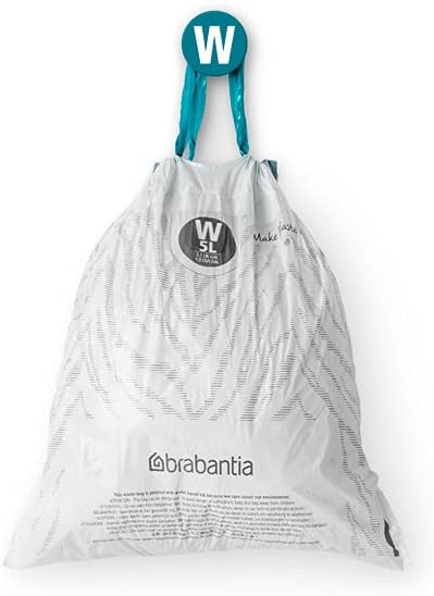 Brabantia PerfectFit Trash Bags (Size W/1.3 Gal) Thick Plastic Trash Can Liners with Drawstring Handles (40 Bags)...
