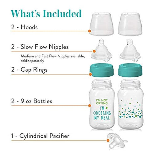 Evenflo Feeding Balance + Wide Neck Printed Bottles, 9oz 2pk, with Pacifier...