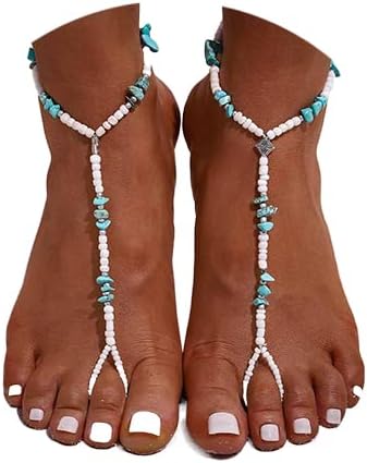 Boho Anklet Chain Turquoise Barefoot Sandals Beaded Foot Ankle Chain Beach Toe Ring Foot Chain for Women(2PCS)...