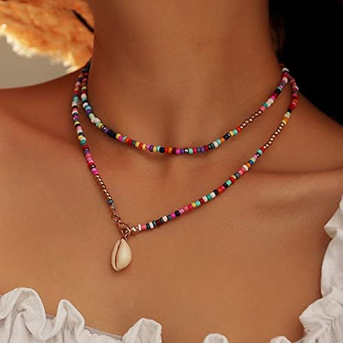 Boho Rainbow Beaded Necklace Layered Neck Chain Multi Color Bead Choker Necklaces Shell Star Butterfly Collar Jewelry Colorful Flower Chain Beach ...