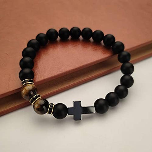 YangQian Cross Bracelet for Men Tiger Eye Catholic Rosary Bracelet for Men Boys Adjustable Natural Crystal Stone Bead Anti Anxiety Stretch Bracele...