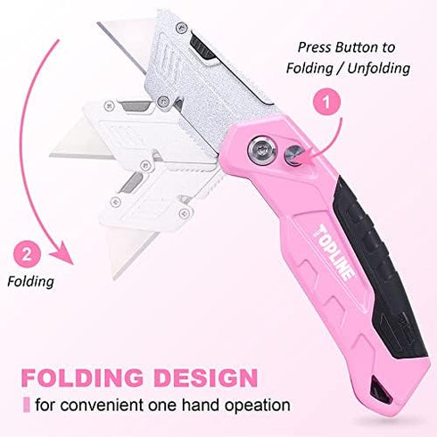 TOPLINE 2-Pack Pink Utility Knife Set, Retractable Pink Box Cutter and Pocket Folding Utility Knife, Blade Storage Design, 18-Piece SK5 Blades and...