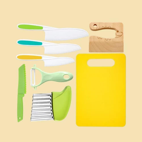 Leking 8 Pcs Wooden Kitchen Knife Set for Kids - Includes Safe Knives, Serrated Plastic Knives, Potato Slicers, Sandwich Cutter, Peeler and Cuttin...