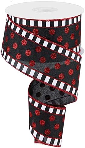 Glitter Stripes & Dots Wired Edge Ribbon - 2.5" x 10 Yards (Black, Red, White)...
