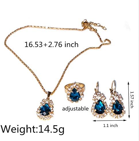 Teardrop Crystal Jewelry Set Plated 14K Gold Statement Waterdrop Dangle Tear Pendant Necklaces Adjustable Shine Rhinestone Drip Charm Ring for Wom...