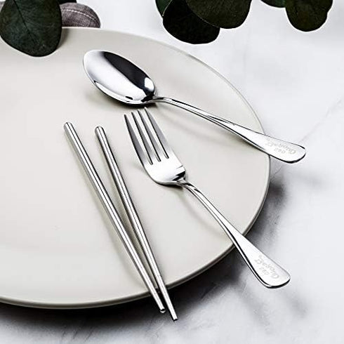 Portable 3 Pieces Flatware Set for School Work Travel Outdoor, Stainless Steel Fork Spoon Chopsticks (Pink Case)...