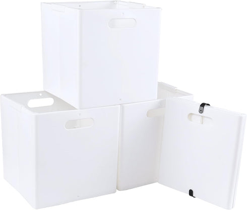 4-Pack Collapsible Plastic Storage Cube Bins, White Foldable Cube Storage Bins...