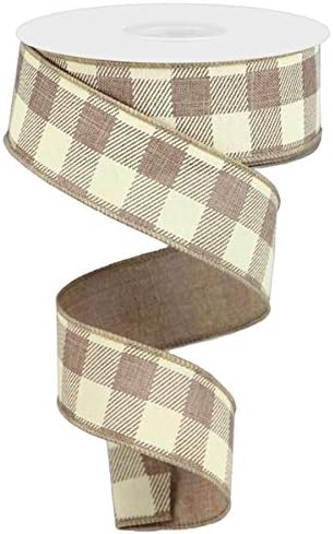 Plaid Wired Ribbon, Beige Tan White Craft Supply to Make Handmade Wreath, 1.5 Inch x 10 Yard, DIY Bow, Checkered Christmas, Father RG01799N4...