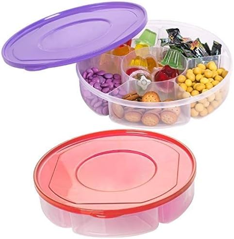 2 Pack - Candy and Nut Serving Container, Appetizer Tray with Lid, 6 Compartment Round Plastic Food Storage Lunch Organizer, Divided Christmas Ket...