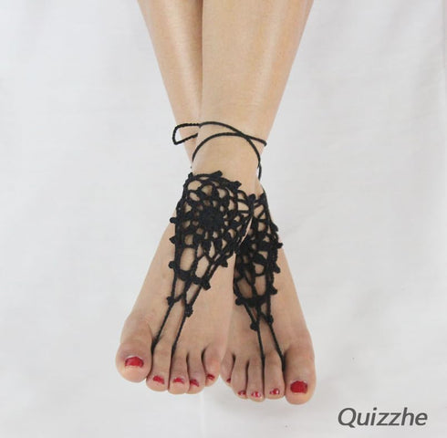 2PC Beach Anklet Barefoot Sandals Black Crochet Layered Lace Ring Foot Chain Bridal Wedding Anklet Foot Yoga Dance Trendy Accessories for Women...