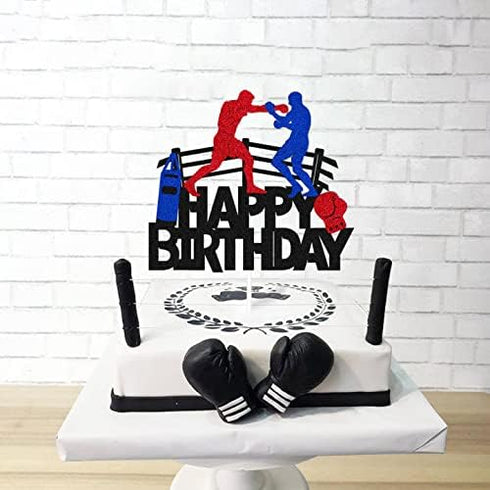 Boxing Cake Topper Bout Pugilist Infighter Beat Boxing Platform Punching Bag Glove Themed Men Kids Boy Girl Birthday Party Cake Decor Happy Bday E...