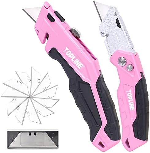TOPLINE 2-Pack Pink Utility Knife Set, Retractable Pink Box Cutter and Pocket Folding Utility Knife, Blade Storage Design, 18-Piece SK5 Blades and...