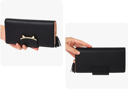 Wallet Women Cute Bifold Clutch Wallets with Zipper Coin Purse Card Holder Money Clip Gifts for Cat Lovers Black...