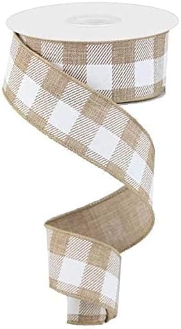 Plaid Check Wired Edge Ribbon - 10 Yards (Light Tan, White, 1.5")...