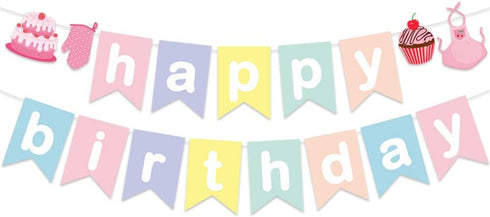 Baking Theme Macaroon Color Sweet Happy Birthday Bunting Garland Banner For Little Bakers Girls Kids Birthday Bakery Chef Cupcake Themed Party Sup...