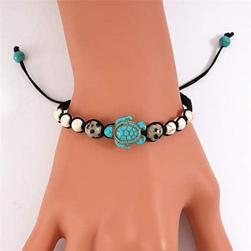 Pingyongchang 8mm Vintage Turquoise Sea Turtle Bracelet,Bohemian Turquoise Natutal Stone Bracelet Adjustable Hand Woven Bead Strand Bracelet with ...
