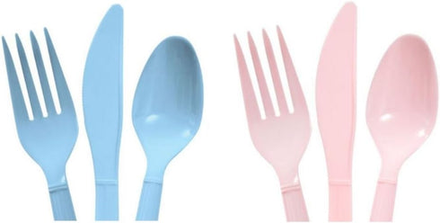 Baby Blue & Light Pink Heavy Duty Plastic Cutlery Sets - 16 Spoons, 16 Forks, 16 Knives - 2 packs of 48 each 96 pcs total - One Blue & One Pink...