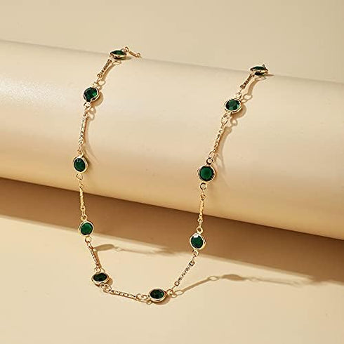 Bohemian Green Crystal Choker Necklace Tiny Emerald Station Chain Necklace Dainty Satellite Necklace Gorgeous Wedding Jewelry Gift for Women Teens...