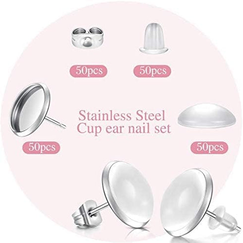 Hicarer 200 Pieces Studs Earring Blank Making Supplies Kit Includes 50 Pcs 10 mm Cabochon Earring Blank Bezel Studs 50 Clear Glass Cabochons, 50 R...