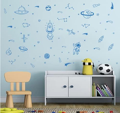 Outer Space Wall Stickers for Kids – Rockets, Stars, Planets and Galaxy Themed Decals – Educational and Decorative Vinyl for Boys Bedroom, Nursery...