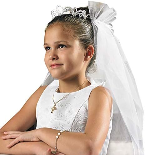 Religious Gift Catholic Girls Holy First Communion Elegant Tiara Silk Floral 25 Inch Mesh Veil...