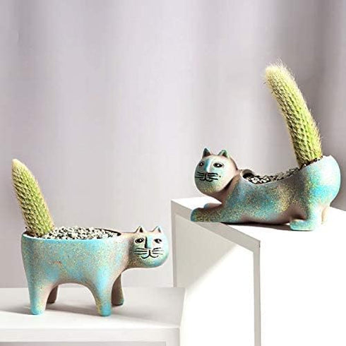 123Arts Ceramic Cat Shape Planter Succulent Pot Retro Flower Pot Cat Ornament...