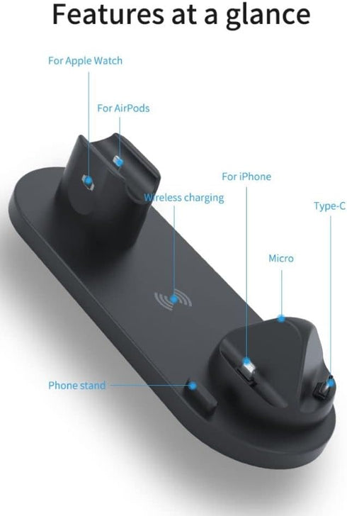 Wireless Phone Charger 6 in 1 Multi-Functional Dock (Black)...