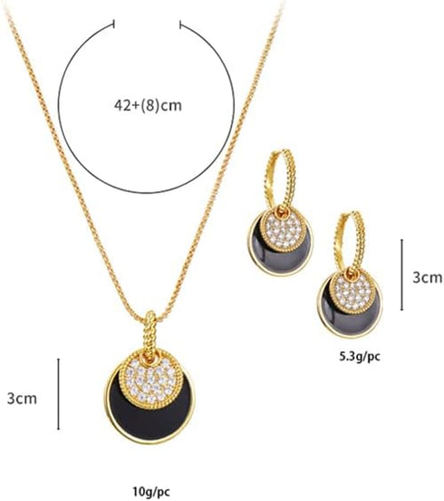 CLASSYZINT Gold And Black Jewelry Sets For Women CZ Stone Black Epoxy Round Disc Pendant Necklace And Hoop Earrings Gold Jewelry Set...