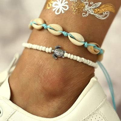 Boho Turtle Layered Shell Anklet Set Silver Ankle Bracelets Beaded Foot Chain Beach Foot Jewelry Accessories for Women summer gifts...