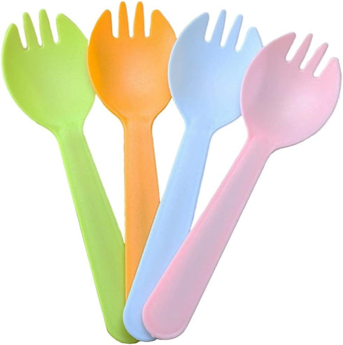 4.3" Mini Disposable Sporks 100ct, Plastic Spork 2-in-1 Utensils, 4 Colors, 25ct Individual Package Per Color - Made by Mavere...