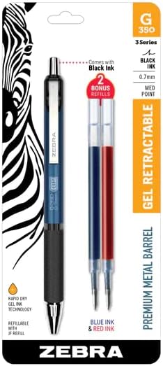 Zebra Pens G-350 Gel RT Retractable Pens, 0.7mm Medium Point, Cobalt Blue, Black Ink, 2 Refills (40211)...