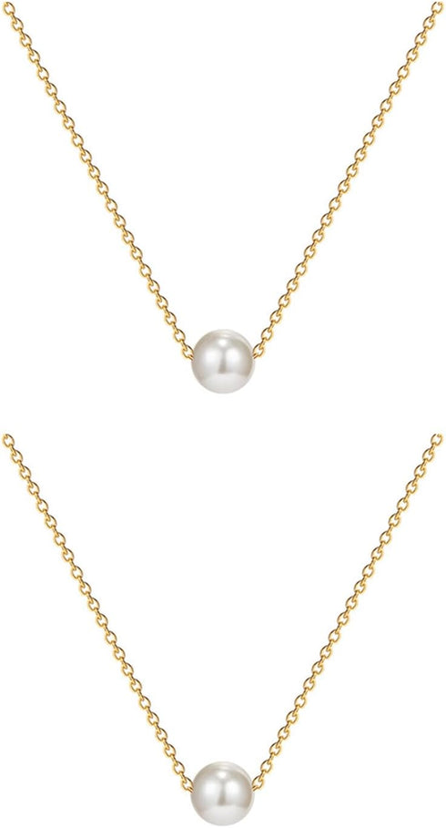 2Pcs Pearl Pendant Necklaces Freshwater Cultured Single Pearl Necklace Delicate Pearl Pendant Gold Necklace Bridesmaid Gifts for Wedding Engagemen...