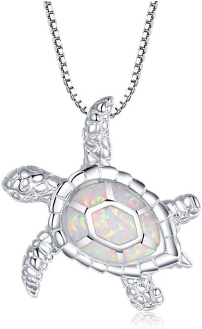 [Health and Longevity 925 Sterling Silver Created Blue Opal Sea Turtle Pendant Necklace 18", Birthstone Jewelry for Women(White)...