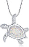 [Health and Longevity 925 Sterling Silver Created Blue Opal Sea Turtle Pendant Necklace 18", Birthstone Jewelry for Women(White)...