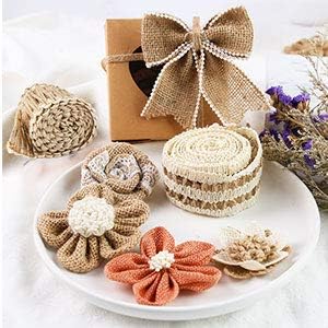 VGOODALL 16 PCS Natural Burlap Flowers Set, Including 12 PCS Handmade Lace Burlap Flowers and Bowknots, 4 Rolls Burlap Ribbon for Christmas Birthd...