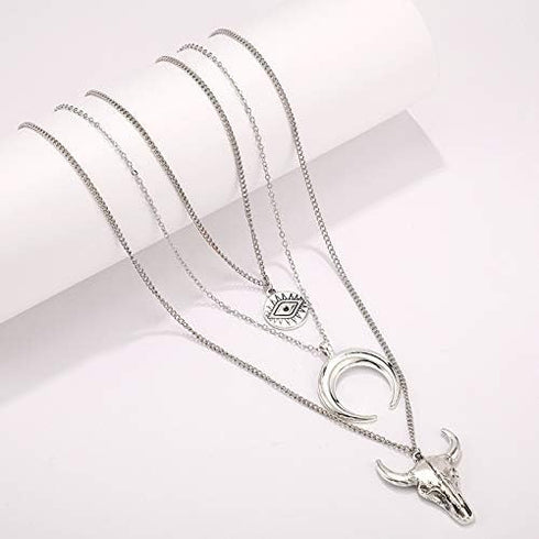 Caiyao Boho Women's Layered Necklace Cowboy Cowgirls Western Women's Chain Necklace Evil Eye Bull Head Necklace Women's Silver Cresent Moon Pendan...