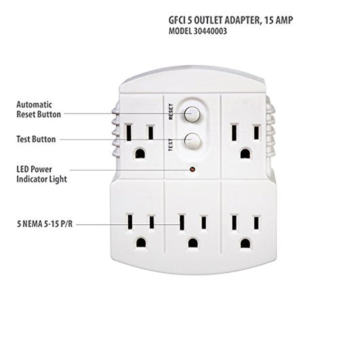 Tower Manufacturing 30440003 Auto-Reset 15 AMP Grounded 3-Prong GFCI 5-Outlet Adapter, White...
