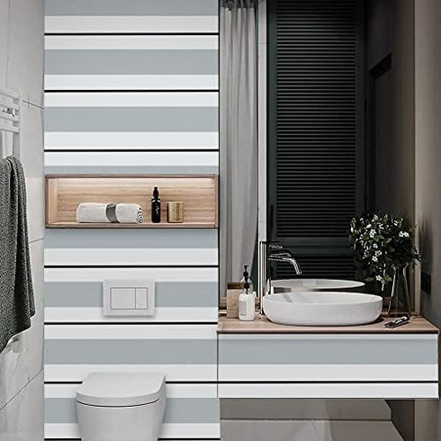 F1340-3 Stripe Peel and Stick Wallpaper Silver White/Black 17.7" x 9.8ft Removable Self-Adhesive Striped Contact Paper Vinyl Film for Furniture Re...