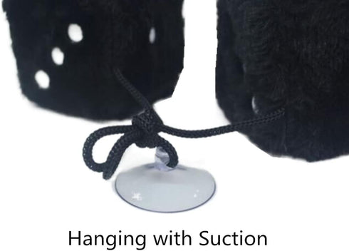 Retro Dots Fuzzy Dice Car Mirror Hanging with Suction, Cubic Square Plush Dice Auto Rearview Mirror Dice for Car Ornament Decoration (Black, 1 Pai...