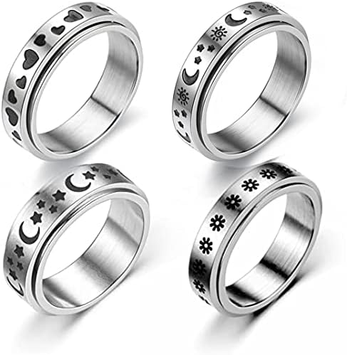 COLORFUL BLING 4 Piece Stainless Steel Spinner Band Ring Set Hypoallergenic Relieving Stress Moon Star Heart Sand Blast Finish Wedding Ring...