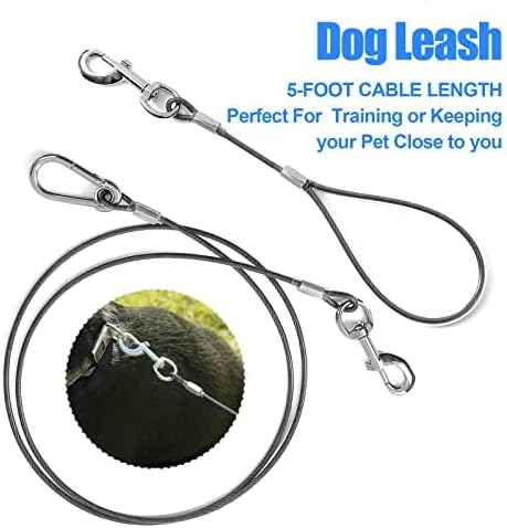 Chew Proof Dog Leash,5Ft Tie Out Cable with Detachable Short Dog Leashes Handle,Non Chew Cable Braided Cord Steel Training Dog Leash for Teething ...