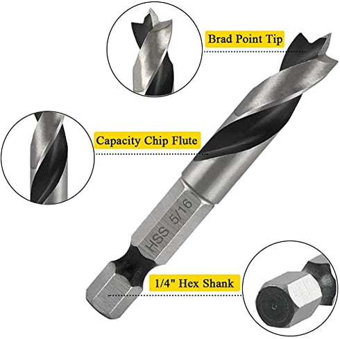 6 Pcs Brad Point Drill Bits(3/8", 5/16", 1/4", 3/16", 1/8", 3/32"), 1/4 Inch Hex Shank HSS Spiral Twist Wood Drill Bit Set for Soft, Hard, Veneere...