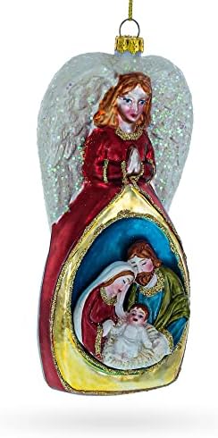 Angel Above Nativity Scene Blown Glass Christmas Ornament...